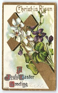 1910 JOYFUL EASTER CHRIST IS RISEN FLORAL CROSS PURDAM EMBOSSED POSTCARD P3325