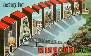 Hannibal Missouri large letters multi View Teich linen Postcard 21-10068