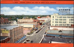 Great Falls Montana MT Central Ave Street Scene Bird's Eye View Vintage PC