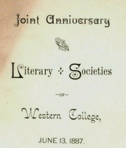 1887 Western College Literary Societies Three-Page Program Fab! P226 