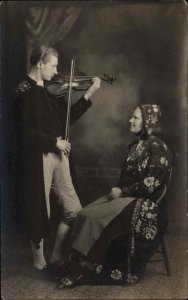 Man Plays Violin For Woman - Swedish? Costumes c1910 Real Photo Postcard