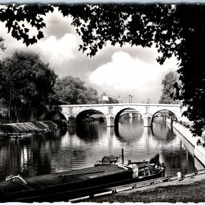 c1920s Paris RPPC Pont Marie Ile Saint-Louis Bridge River Seine Boat Barge A348