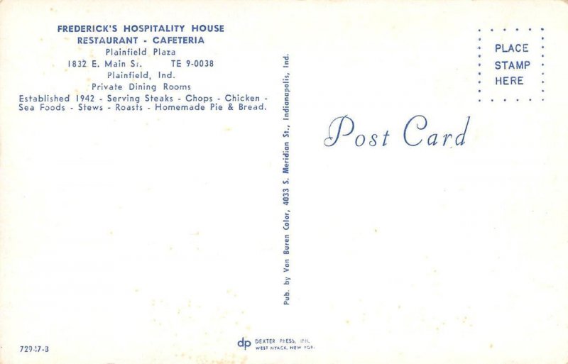 FREDERICK'S HOSPITALITY HOUSE Plainfield, IN Roadside c1960s Vintage Postcard