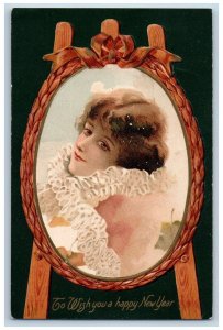 New Year Postcard Pretty Woman Curly Hair Embossed Nash c1910's Posted Antique