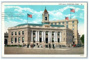 1940 City Hall Clock Tower Classic Cars Stairs People Flags Stamford CT Postcard