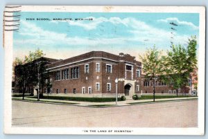 Marquette Michigan MI Postcard High School land Hiawatha Exterior Building c1937