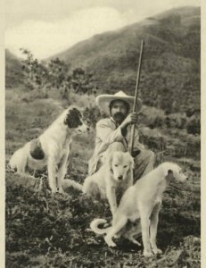 Single (1), Reproduction Vintage Postcard, Mexican Man w/Dogs Mountains in Sepia