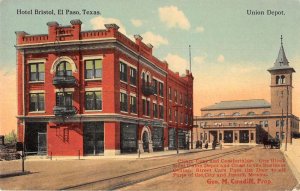 El Paso Texas Hotel Bristol and Union Depot Vintage Postcard AA33238