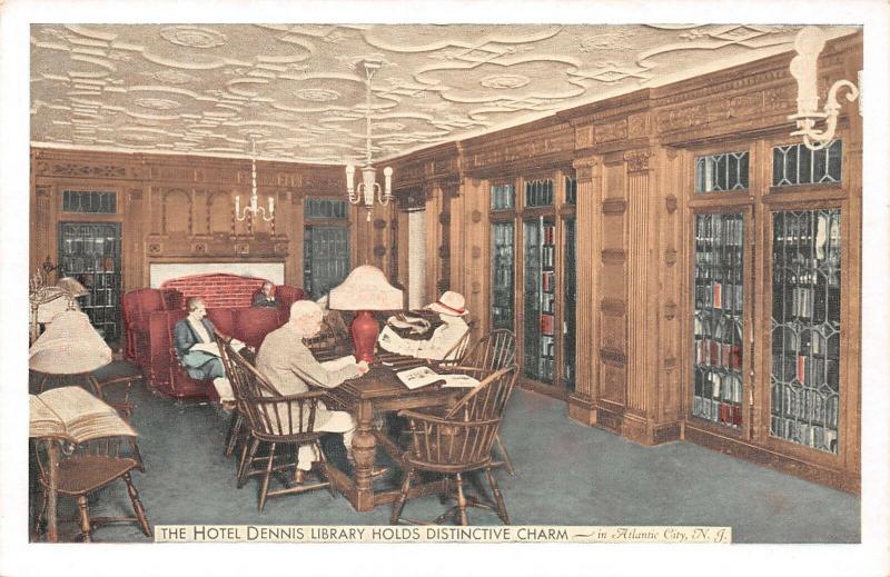 Atlantic City NJ~Hotel Dennis~Library Interior~Guests in Reading Room~Lumitone 