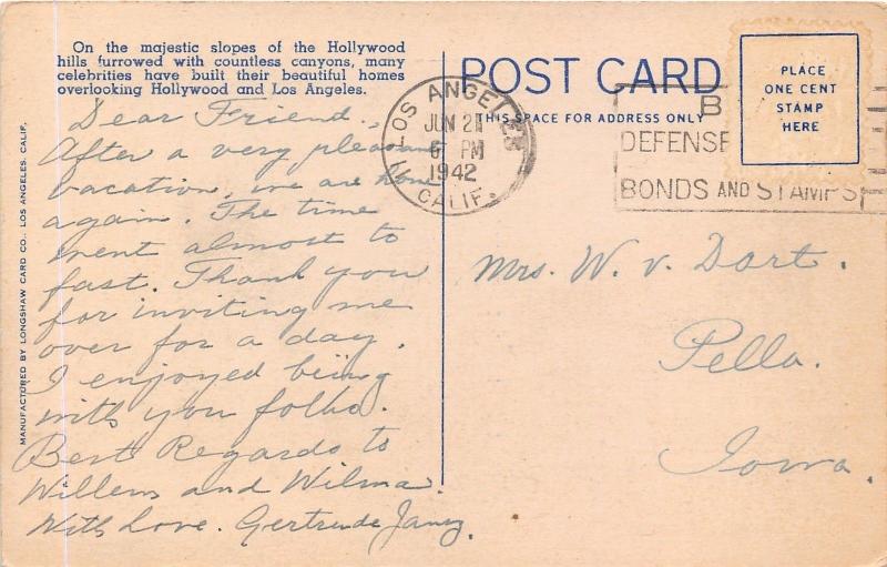 Hollywood California~Beautiful Homes in Hollywood Hills District~1942 Postcard