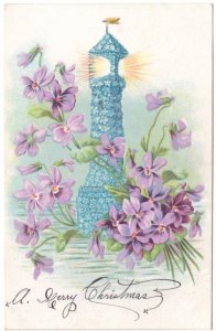 A Merry Christmas, Floral Lighthouse, Purple Flowers, Antique Greetings Postcard