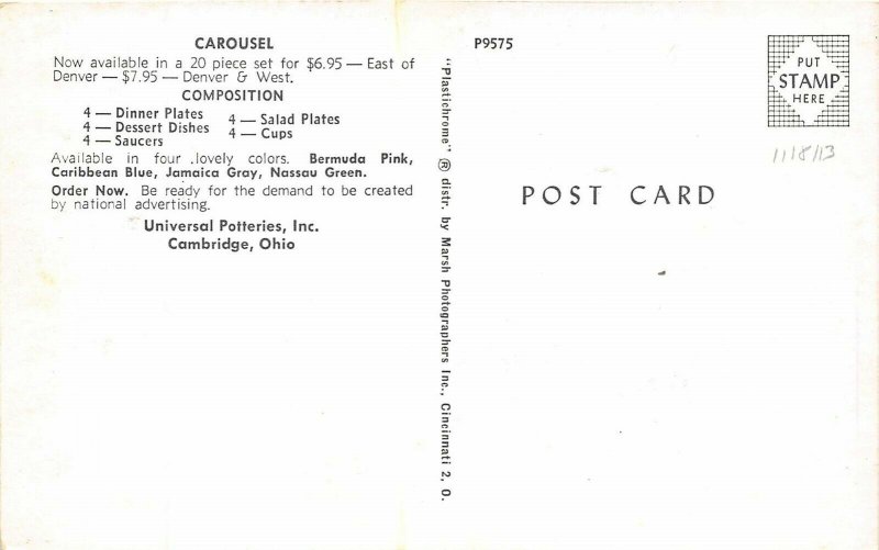 Cambridge Ohio 1950s Advertising Postcard Universal Potteries Carousel Dinner 