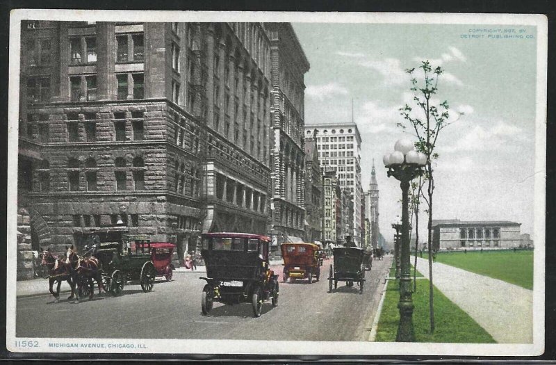 Early Cars on Michigan Ave., Chicago, IL, 1907 Postcard, Detroit Publishing Co.