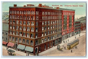 Portland ME, Congress Square Hotel Building Trolley Car Horse Carriage Postcard 