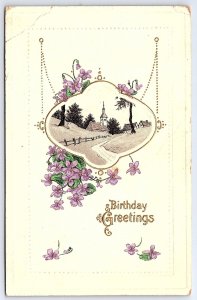 Vintage Postcard 1917 Happy Birthday Greeting Card Pathway Field Purple Flowers