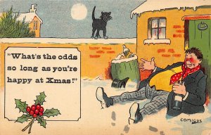 A053 Christmas Comic Humor Drunk men in Snow champagne bottle black cat postcard