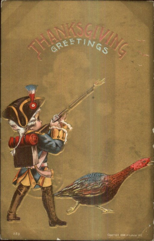 Thanksgiving Little Boy Revolutionary War Gun Turkey P. Sander Postcard