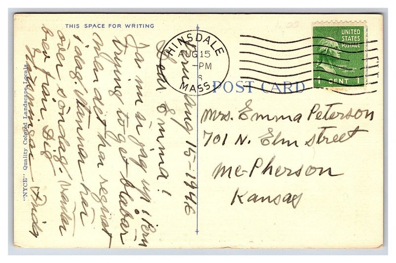 Postcard Greetings From Hinsdale Mass. Massachusetts c1946 Postmark