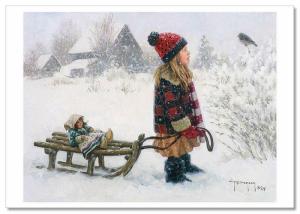 LITTLE GIRL with Sled and DOLL Bird Winter Funny by Duncan NEW Russian Postcard