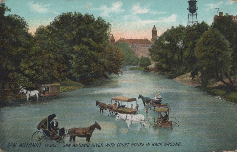 Postcard San Antonio River With Court House in Background San Antonio Texas TX