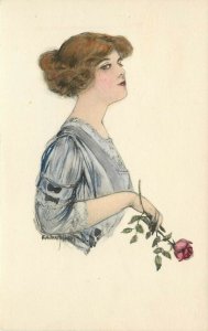 Vintage Hand-Colored Postcard; Lovely Lady in Pale Blue Dress w Rosebud, Fashion