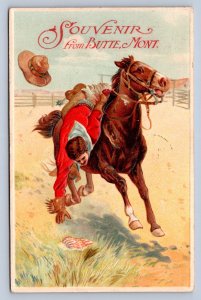 DS2/ Butte Postcard c1910 Cowboy Riding Horse Lost Hat Souvenir 155