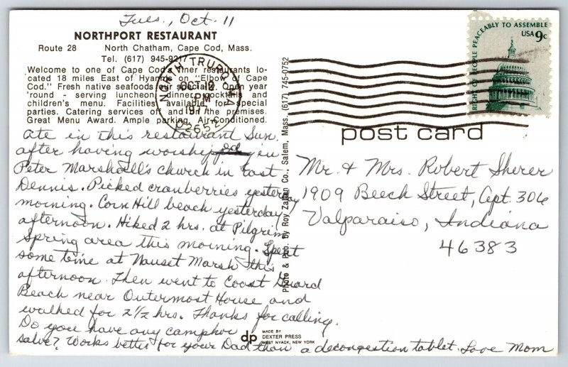 Interior~Cape Cod Massachusetts~Northport Restaurant~Bar~Fireplace~1977 Postcard