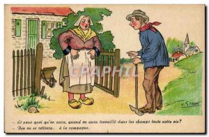 Humor - Illustration - Farmer - clogs - Old Postcard