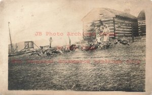 3 Postcards, RPPC, Unknown Location,Farming Scene,Feeding Turkeys,Log Cabin Home