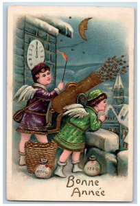 New Year Postcard Bonne Annee Angel Boys With Coins In Basket Clock Embossed