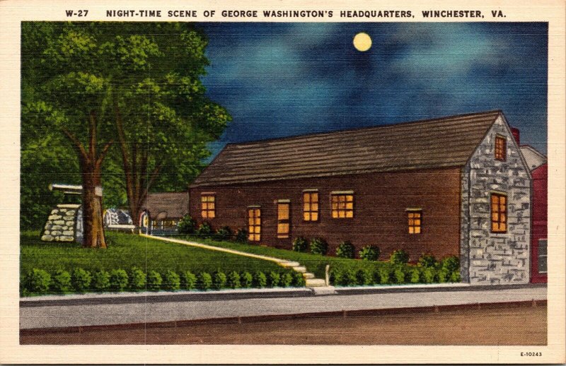 Night-Time Scene George Washington Headquarters Winchester VA Linen Postcard VTG 