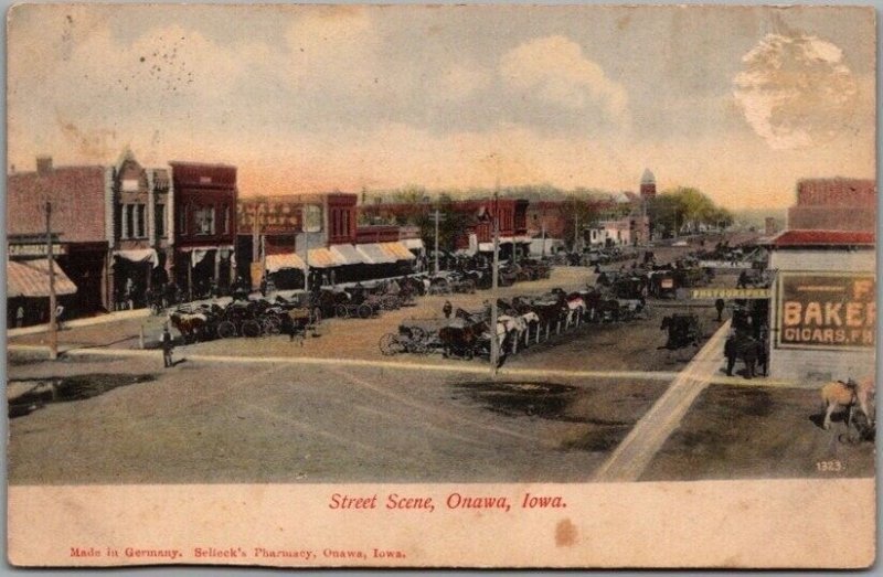 Vintage 1908 ONAWA , Iowa Postcard Downtown Main Street Scene Horse