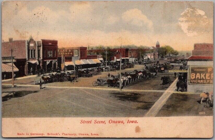 Vintage 1908 ONAWA , Iowa Postcard Downtown Main Street Scene Horse