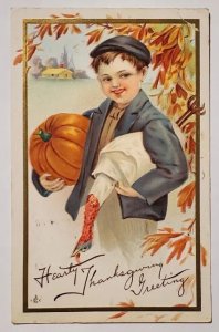 Thanksgiving Greetings Boy With Turkey And Pumpkin Postcard K28