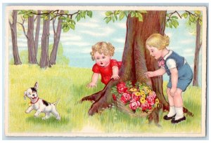 Children Postcard Chasing Cute Puppy Dog Flowers In Basket c1930's Vintage