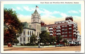 Manhattan Kansas KS, County Court House and Wareham Hotel Building, Postcard