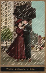 Vintage Postcard Lovers Couple Heavy Rains Umbrella Flipped Ignorance Is Bliss