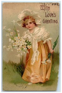 1908 Love's Greetings Little Girl Lilies Flowers Saratoga Springs NY Postcard
