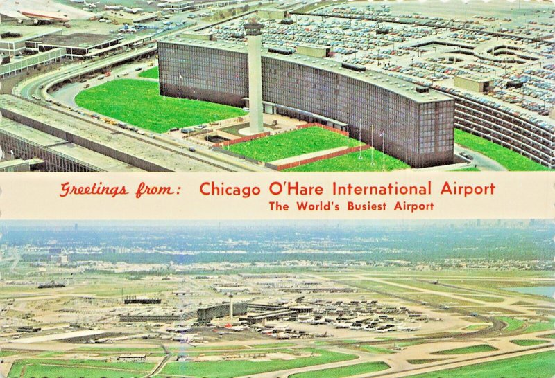 CHICAGO O'HARE INTERNATIONAL AIRPORT-WORLD'S BUSIEST~SPLIT DOUBLE VIEW POSTCARD