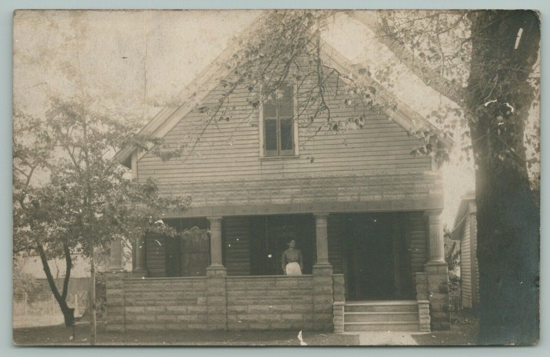 Union City IN Lady on Stone Porch~Small Home~Seen This Place Before? RPPC 1908