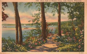 Vintage Postcard 1939 Shore Path Eleanor Camp Lake Geneva Wisconsin E.A. Bishop