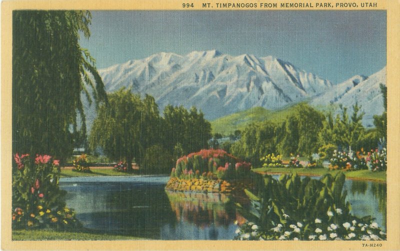 Provo UT Mt Timpanogos from Memorial Park Linen Postcard Unused