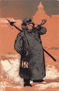 B191 Russian Man in Winter Coat Blows Horn Lamp Spear Guard embossed postcard