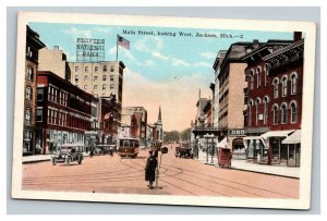 Vintage 1920's Postcard Antique Autos Trolleys on Main Street Jackson Michigan