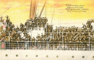Postcard WWI Soldiera Crowding The Deck Of Transport Ship Wireless Station Poem