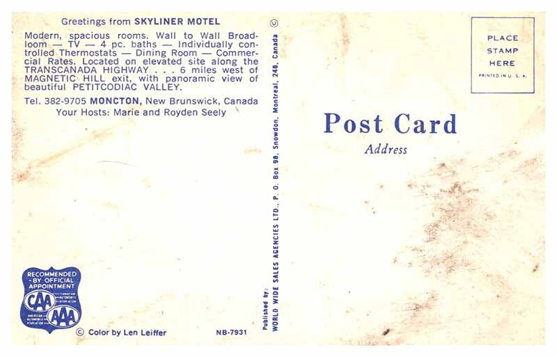 Postcard MOTEL SCENE Moncton New Brunswick NB AS1068