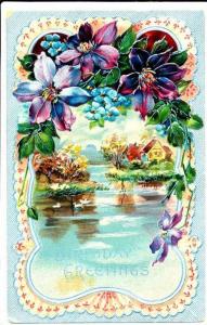 Flowers and Water Scene Birthday Greetings - 1910