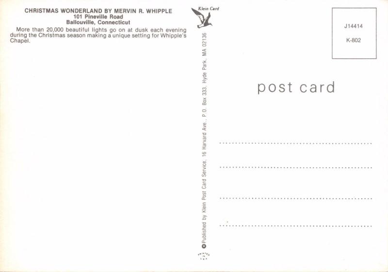 Ballouville ConnecticutMervin Whipple's Christmas Wonderland Postcard C1960S United States