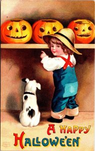 Vintage Ellen Clapsaddle Adorable Boy & Cute Dog, Pumpkin,JOL Halloween Postcard