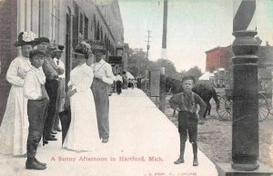 Hartford Michigan Sunny Afternoon Children on Sidewalk Vintage Postcard AA6540